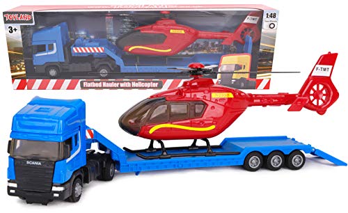 Toyland® Scania Pritschenschlepper mit Hubschrauber - Maßstab 1:48 - Freilauf - Transportspielzeugspielzeug - Fahrzeugsammelobjekte - Jungenspielzeug (Blauer LKW/roter Hubschrauber)