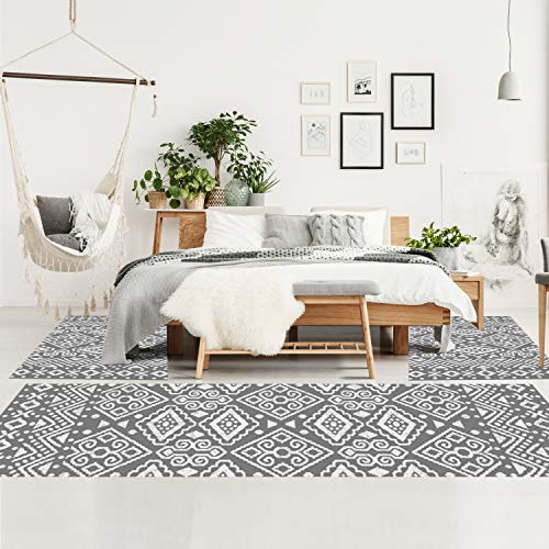 Carpet City Teppich Bettumrandung Shaggy super Soft im Ethno-Look in Grau/Creme Wohnzimmer, 2X 80 cm x 150 cm, 1x 80 cm x 300 cm cm