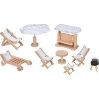 goki 51475 - Puppengartenmöbel aus Buchenholz - unterschiedliche Sitzmöglichkeiten- Modernes Streifendesign - funktionstüchtige Schaukel