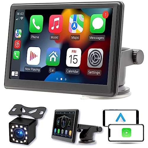 Dawafit Tragbare Kabellose Carplay-Bildschirm-Armaturenbretthalterung, 7-Touchscreen-Autoradio, Bluetooth, FM-Autoradio, RüCkfahrkamera, USB