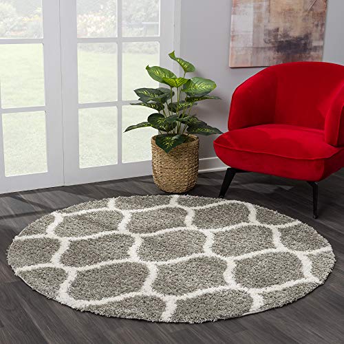 SANAT Shaggy Teppich Rund - Hochflor Teppiche für Wohnzimmer, Schlafzimmer, Küche - Morocco Grau, Größe: 150 cm