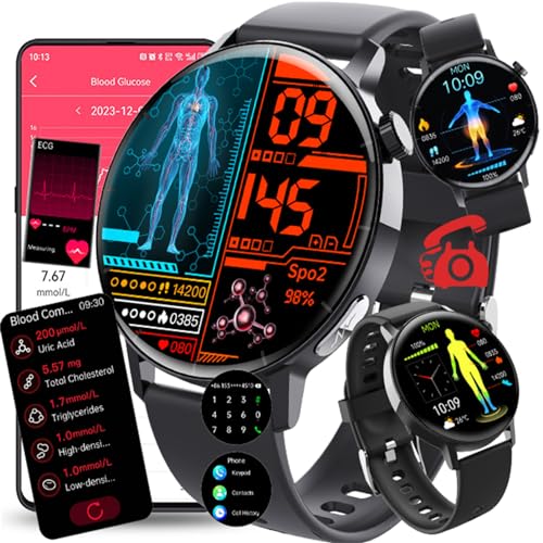 Fohatu 𝐄𝐂𝐆𝐏𝐏𝐆 Smartwatch 𝐛𝐥𝐮𝐭𝐳𝐮𝐜𝐤𝐞𝐫𝐛𝐥𝐮𝐭𝐳𝐮𝐜𝐤𝐞𝐫𝐦𝐞𝐬𝐬𝐮𝐧𝐠,Smartwatch Mit Bluetooth-Anrufe Harnsäure Blutfette Blutdruck Monitor,A