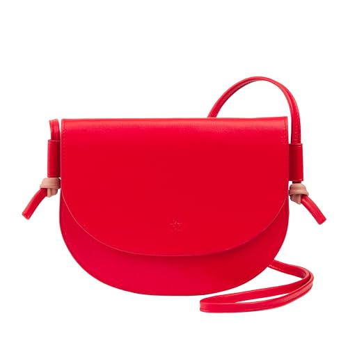DuDu Damen Umhängetasche aus Leder, kompaktes schlankes Design Handtasche mit Knopfverschluss, verstellbarer Schulterriemen Flammenrot