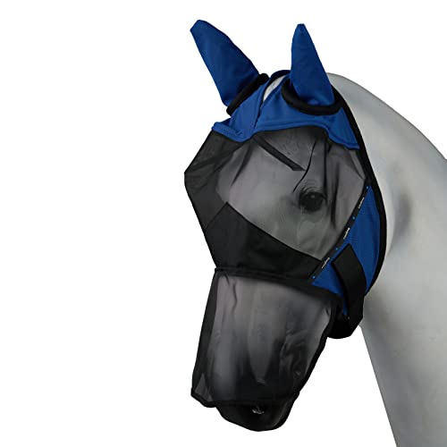 Horze Pferde Fliegenmaske, Fliegenschutz mit UV Schutz, Fliegenmaske mit Ohrenschutz, Blau, S