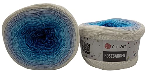 YarnArt Rosegarden, 500 Gramm Bobbel Wolle Farbverlauf, 100% Baumwolle, Bobble Strickwolle Mehrfarbig (weiss türkis blau 305)