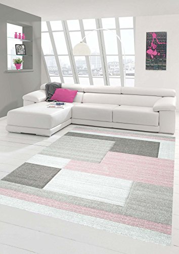 Traum Teppich Designerteppich Moderner Teppich Wohnzimmerteppich Kurzflor Teppich mit Konturenschnitt Karo Muster Pastellfarben Rosa Beige, Größe 80x300 cm