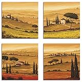 ARTLAND Leinwandbilder Set 4tlg. je 20x20 cm Quadratisch Wandbilder Landschaft Italien Malerei Ocker Rapsfeld Mohnfeld Toskana K2QN