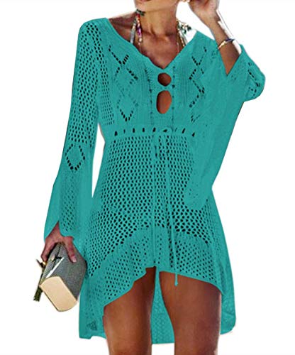 Jinsha Gestrickte Bikini Cover Up Strandponcho Strandkleid für Damen Sommer Pareos (Green)