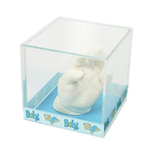 Lucky Hands® 3D-Abformset ohne Zubehör mit Acrylglaswürfel oder Vitrine | Handabdruck, Gipsabdruck (mit Acrylglaswürfel 8,5 x 8,5 cm & Baby-Band Hellblau, ohne Beschriftung)