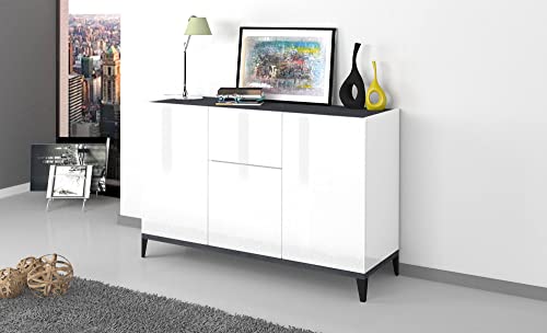 Dmora Modernes Sideboard mit 3 Türen und 1 Schublade, Made in Italy, erhöhtes Küchen-Sideboard, Wohnzimmer-Design-Buffet, cm 120x40h82, glänzendes Weiß und Schiefer