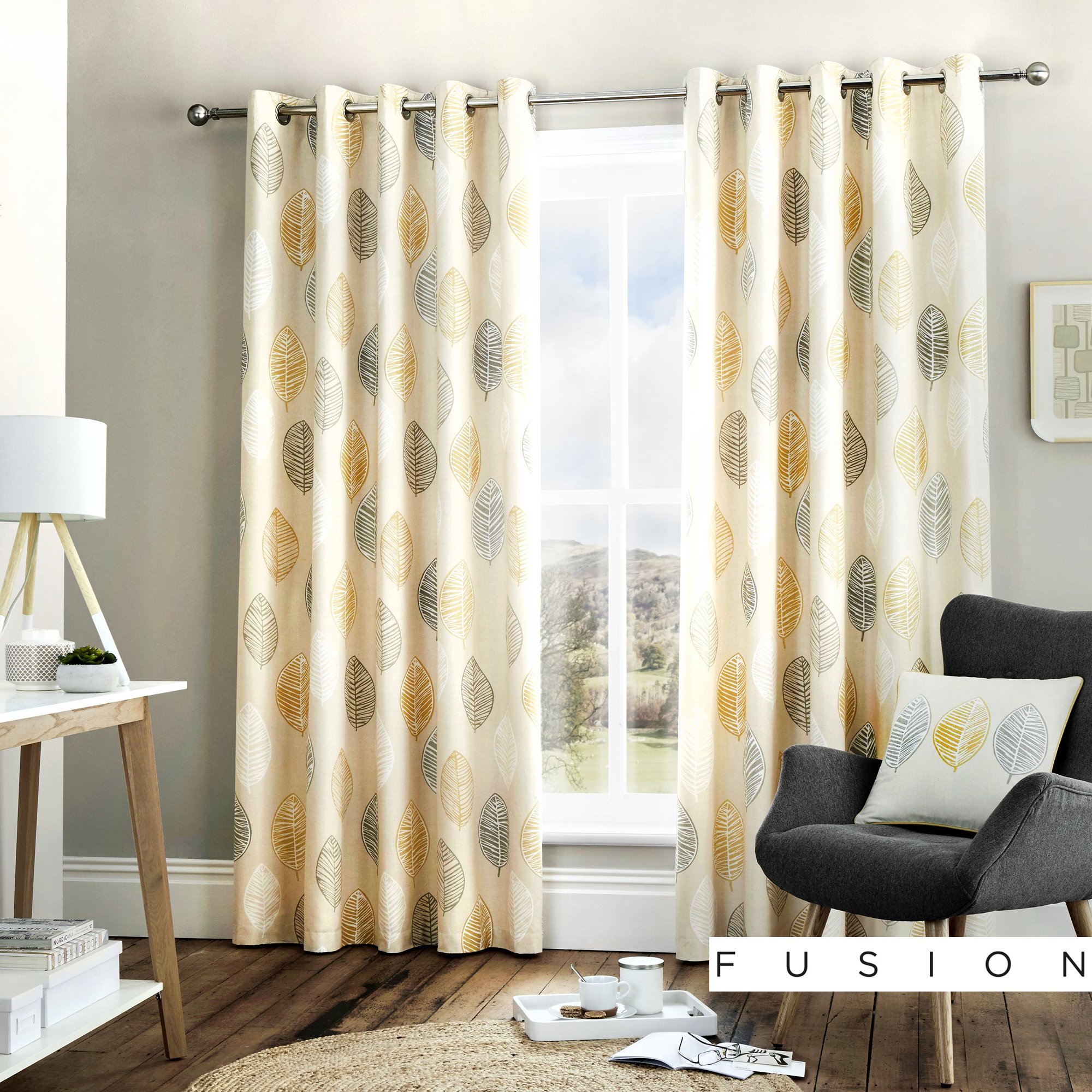 Fusion Home Furnishings Skandi Leaf Vorhänge mit Ösen, 1 Paar, 100% Baumwolle, Ocker, 229 x 229cm
