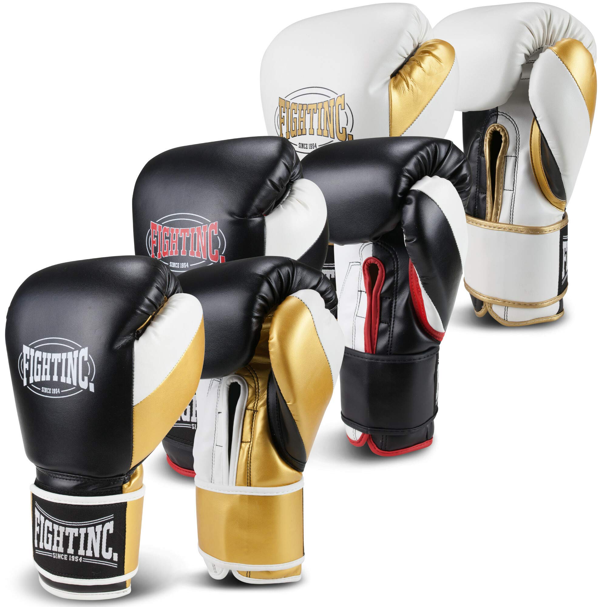Fightinc. Boxhandschuhe Legacy - 8 10 12 14 16 Oz für Boxen Kickboxen Muay Thai MMA Kampfsport schwarz weiß rot Gold UVM (weiß/Gold (101), 16 Oz)