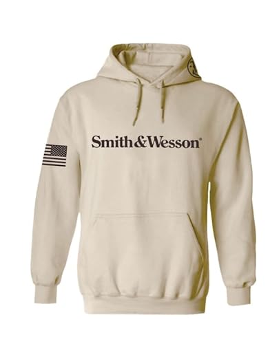 Smith & Wesson Offizielles Lizenzprodukt für Herren, langärmelig, einfarbig, grafischer Hoodie mit amerikanischer Flagge und S&W Logo Pullover Sweatshirt, Sand, Large