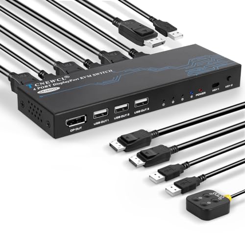 TCNEWCL DisplayPort KVM Switch 4 Port, 4K@60Hz DP und USB KVM Umschalter für 4 PCs Share 1 Monitor Tastatur Maus, USB 2.0 Displayport Switch für Laptop, PC, Xbox HDTV mit 4 DP und USB Kabeln