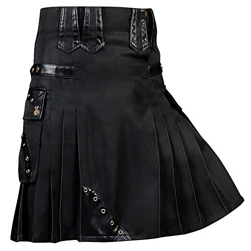 Mens Scottish Skirt Plissee Mittelalter Traditioneller Kampf Goth Punk Kilt Highland Rock Mit Taschen
