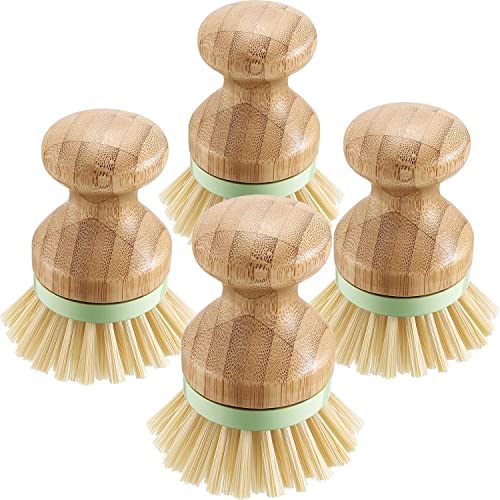 4 Stück Bambus Mini Scheuerbürste Kokosborsten Topfbürsten Geschirrschrubber für Gusseisenpfanne, Küchenspüle, Badezimmer, Haushaltsreinigung