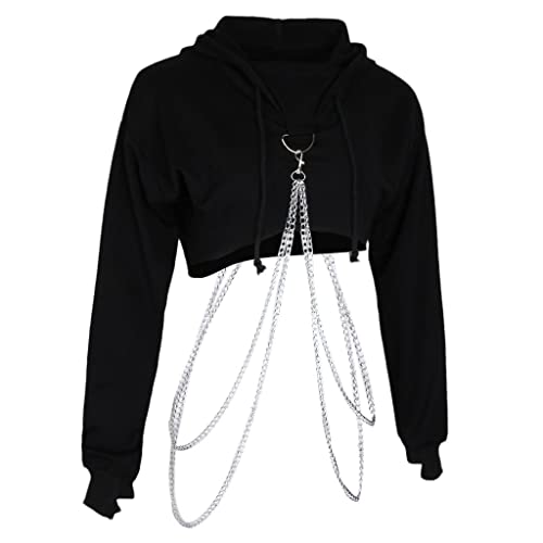 HomeDecTime Damen Kapuzenpullover Sweatshirt Crop Top Strickjacke Hoodie mit Metallkette - Schwarz, L