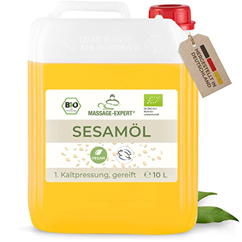 MASSAGE-EXPERT Sesamöl Bio kaltgepresst - Gereiftes Basisöl für Massage, Ayurveda, Hautpflege und Haarpflege [10 Liter Kanister]