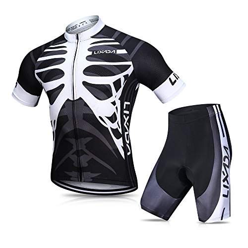 Lixada Herren Radtrikot Set, Atmungsaktiv Quick-Dry Kurzarm Radsport-Shirt + Gel Gepolsterte Shorts, (Schwarz&Weiß, XL)