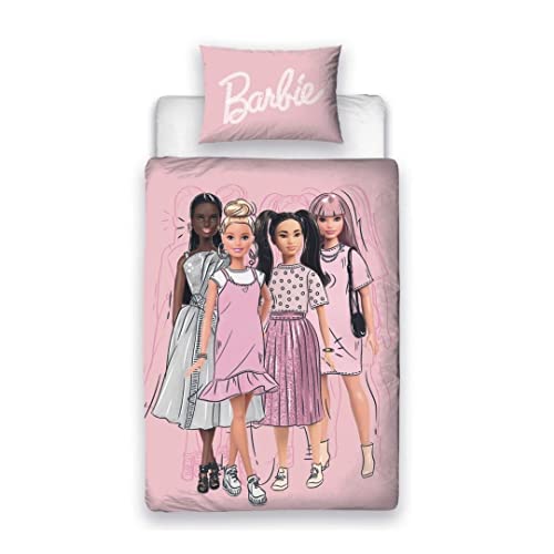 Character World Offizielles Barbie-Bettwäsche-Set für Einzelbett, Figuren-Design, wendbar, 2-seitig, inklusive passendem Kissenbezug, rosa Einzelbett-Set | Polycotton