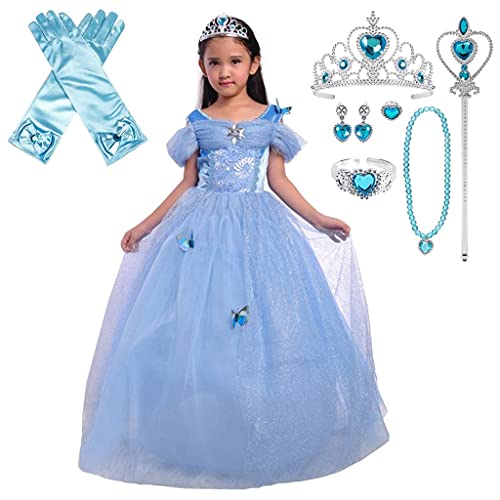Lito Angels Cinderella Kleid mit Zubehör für Kinder Mädchen, Halloween Kostüm Prinzessin Verkleidung, Größe 7-8 Jahre 122 128, Blau