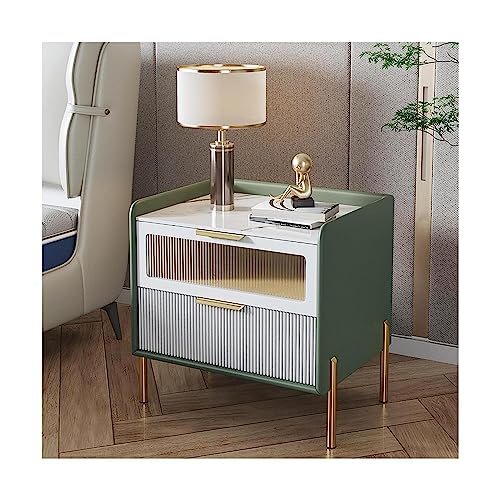KiLoom Schlichter Nachttisch, rechteckiger Luxus-Beistelltisch aus Leder mit 2 Schubladen, Nachttisch aus Massivholz, Dresse, nordischer Nachttisch (grün, 40 cm)