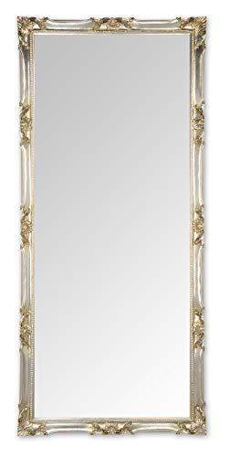 MO.WA Wandspiegel groß Spiegel klassisch Barock 82x182 Blattsilber - Ganzkörperspiegel - Klassischer Lehnspiegel - Großer Spiegel mit Holzrahmen Silber Antik Klassisch