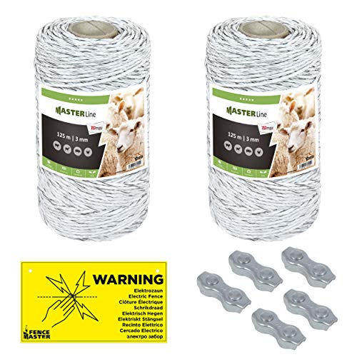 TLDmax Weidezaunlitze, 3 mm, weiß/schwarz - wählbare Länge mit Warnschild und Verbindern - ideal für Schafe und Ziegen, Garten und Teichschutz (250 m (2 Rolle))