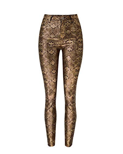 LaoZanA Damen Schlangen-Druck Pu Lederhose Kunstlederhose Hosen Hohe Taille Gold