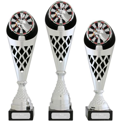 pokalspezialist Pokal Dart Serie Verdun Trophäe Silber groß mit Gravur (Set je 1x 33,5 37,5 und 40,5 cm)