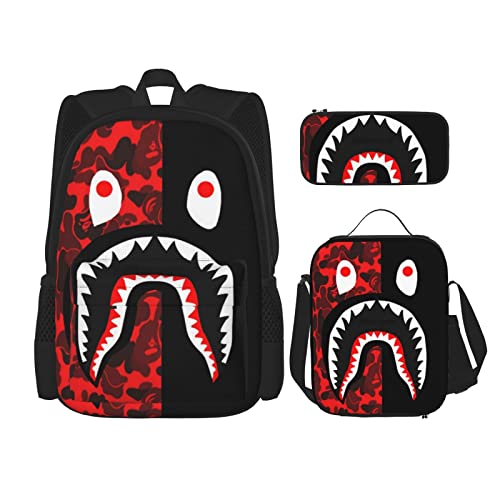 Lawenp Red-Black Shark Schulranzen-Set aus DREI Cross Lunch Bag Pencil Bag Set Jungen- und Mädchen-Schulranzen