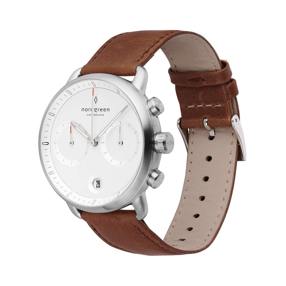 Nordgreen Skandinavische Design Herren Uhr Analog Quarz Silber | Weißes Ziffernblatt | Braunes, auswechselbares Leder Armband | Modell: Pioneer