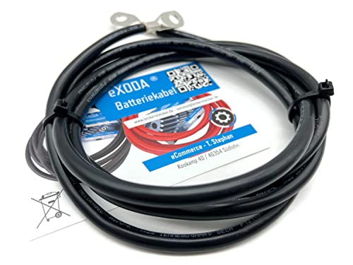 eXODA Batteriekabel 25 mm² 200cm Kupfer Stromkabel mit Ringösen M10 schwarz 12V KFZ