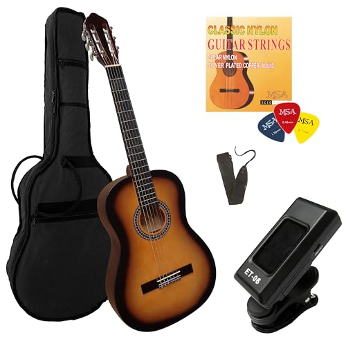 4/4 Gitarre im Set - Konzertgitarre - Classic - Lindenholz - Stimmgerät - Tasche - Band - Saiten - 3xPleks (Sunburst)