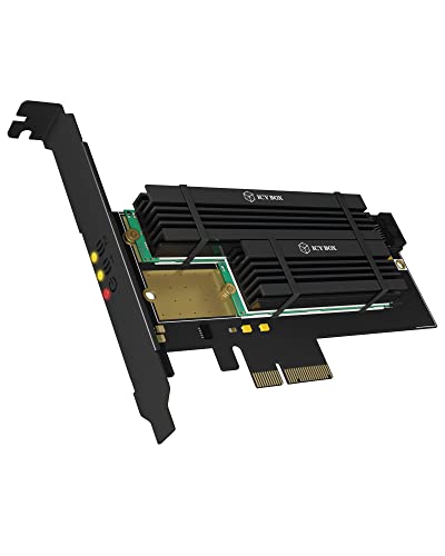 ICY BOX IB-PCI215M2-HSL PCI Express x4 Adapter Karte für 1x M.2 PCIe (NVMe) SSD M-Key & 1x M.2 SATA III (6 Gbit/s) SSD B-Key, (2242, 2260, 2280, 22110), inklusive Kühler, High + Low Profile, Schwarz