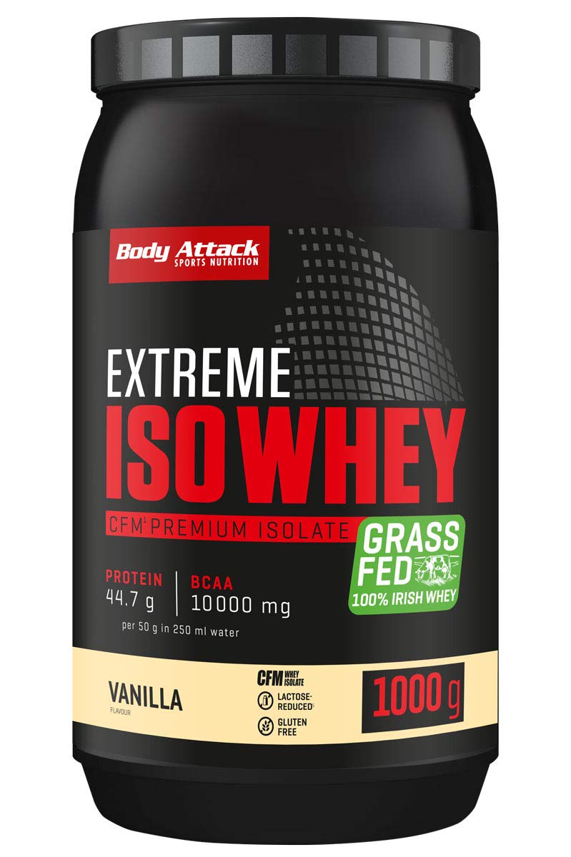 Body Attack Extreme Iso Whey, Vanilla, 1 kg, CFM Whey Protein Isolat aus 100% irischer Weidemilch, glutenfrei, reich an EAAs, perfekt löslich, fettarm, ohne Aspartam, 90,6% Isolat-Anteil