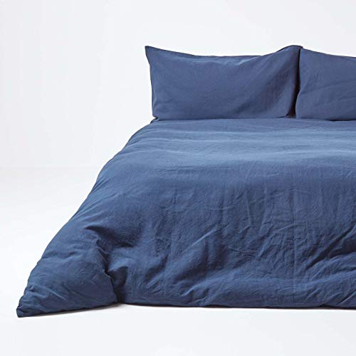 Homescapes Leinen Bettwäsche 3-teiliges Set Blau Unifarben enthält Leinen Bettbezug 240 x 220 cm und Zwei Leinen Kissenbezüge 80 x 80 cm Dunkelblau 100% Reine Baumwolle und Französisches Leinen
