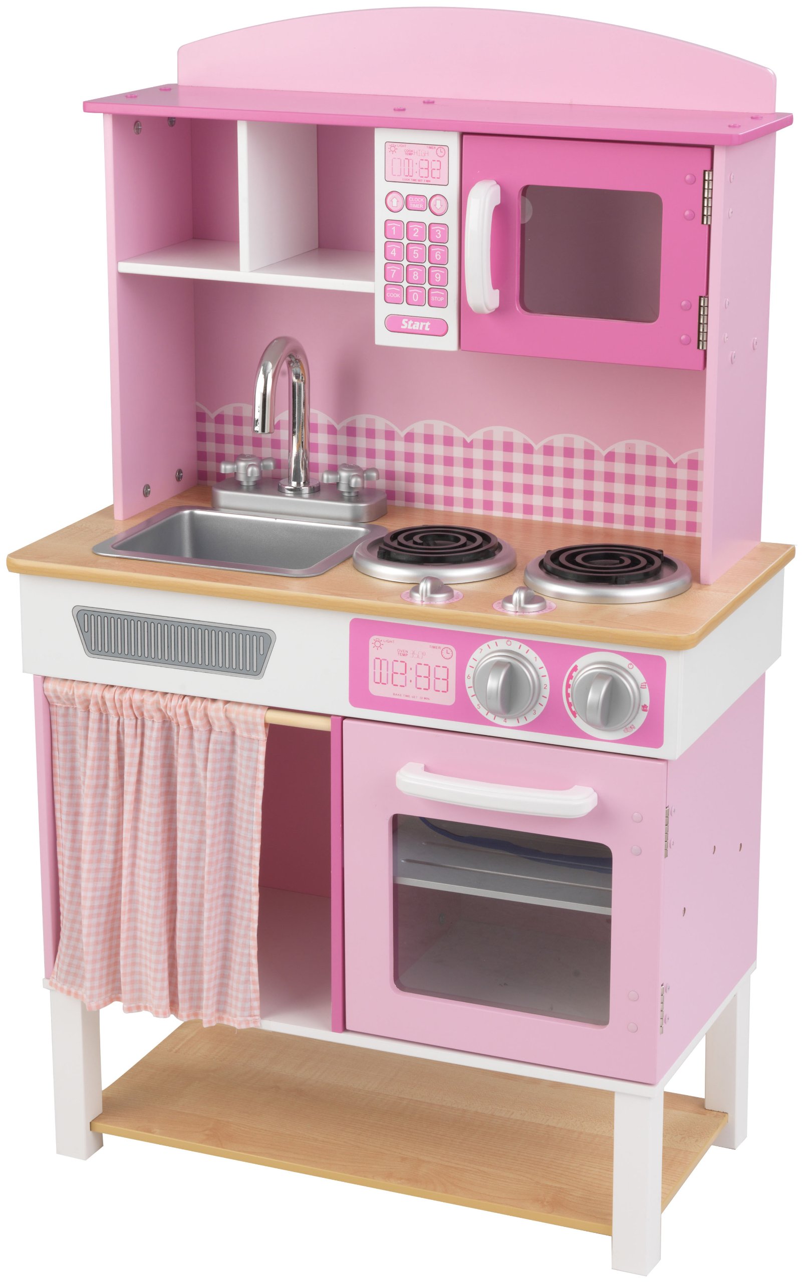 KidKraft Home Cookin' Kinderküche aus Holz, Spielküche mit Scheibengardine für Kinder, Spielzeug für Mädchen ab 3 Jahre, 53198