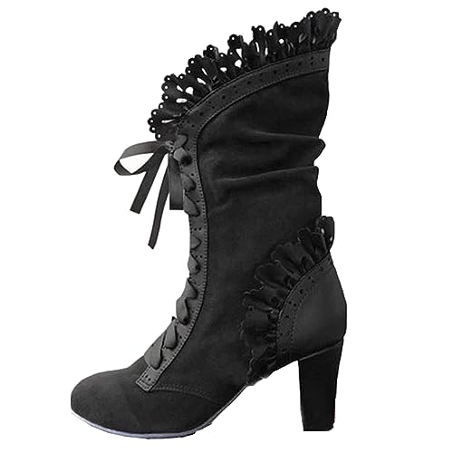 SIULAS Frauen Steampunk High Heel Stiefel Mittelalterliche Damenstiefel Retro Renaissance Wildleder Stiefel Herbst Vintage Winterschuhe Frauen Schnürstiefel Cosplay Stiefel,Schwarz,44