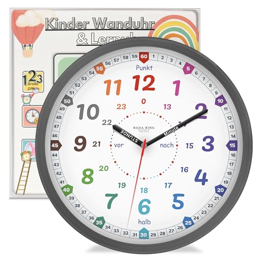 Bada Bing Wanduhr für Kinder Lernuhr ohne Tick Geräusche - analoge Kinderuhr zum Lernen der Uhrzeit - Kinderzimmer Kinder Wand Uhr für Mädchen und Jungen - ansprechendes Design mit lautlosem Uhrwerk