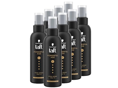 Schwarzkopf Taft Föhn-Spray Powerful Age (8x 150ml), Haltegrad 5, Föhnspray für feines und dünner werdendes Haar, Fülle für feines Haar, vegane Formel*