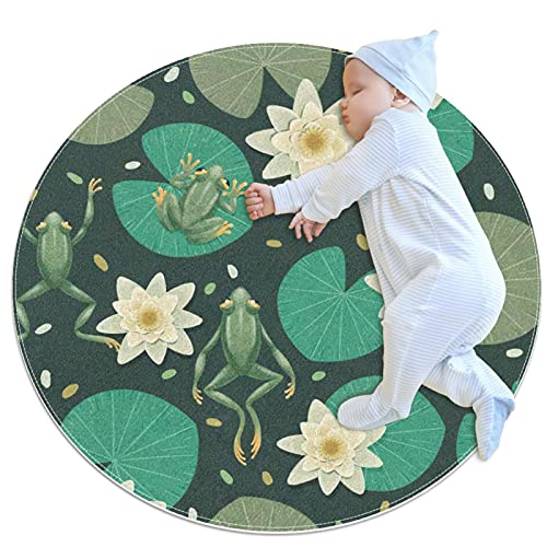 Kinder Krabbelmatte Grüner Lotusblatt-Teichfrosch Runde weiche moderne Teppiche für rutschfeste Böden für Raumdekorationen 100x100cm
