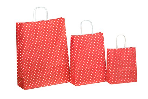 250 Kordel Papiertragetaschen Einkaufstüten aus Papier Geschenktüten mit Papierkordel Henkel Rot mit weißen Punkten Pünktchen Polka Dots Verschiedene Größen zur Auswahl (32+12x40cm)