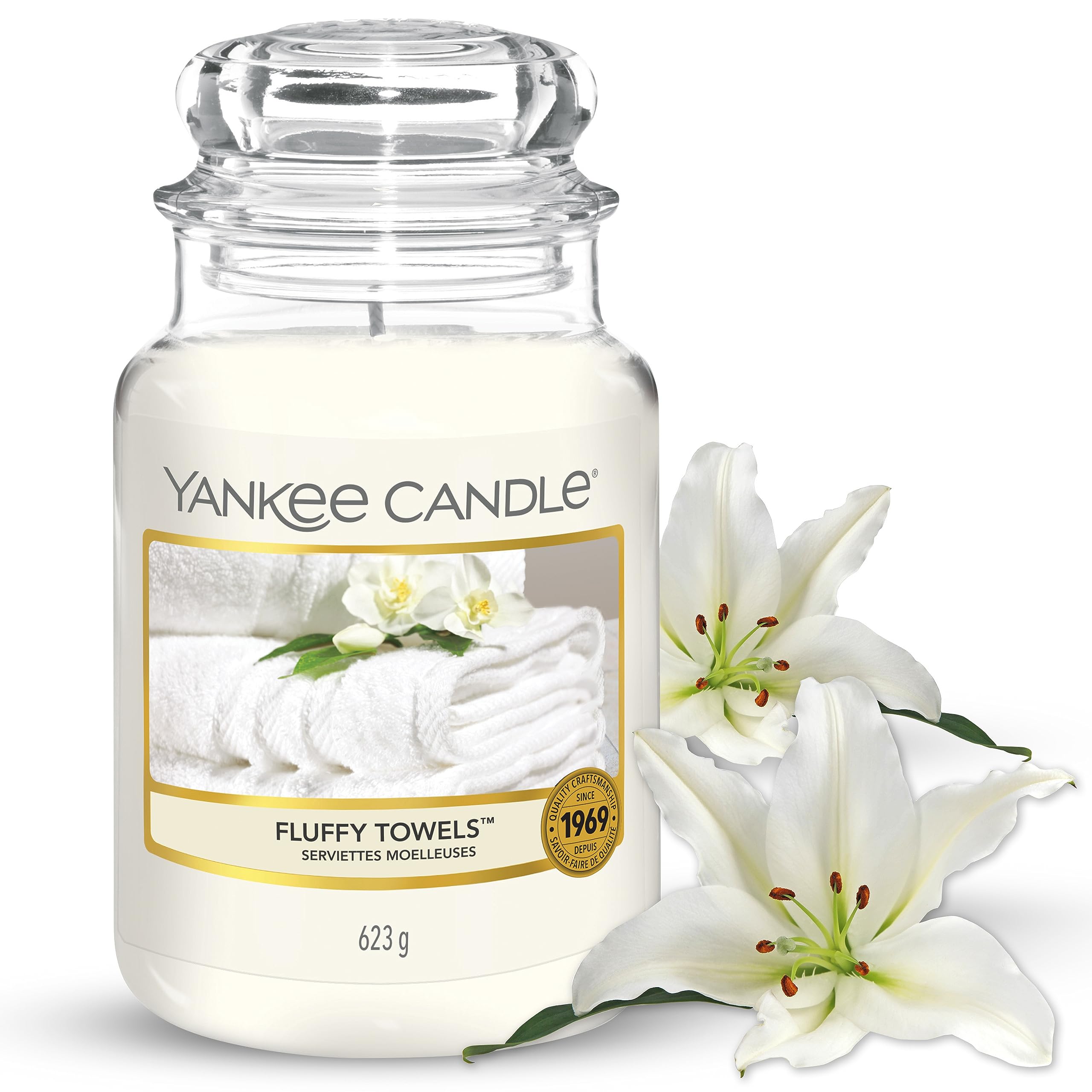 Yankee Candle Duftkerze im Glas (groß) – Fluffy Towels – Kerze mit langer Brenndauer bis zu 150 Stunden