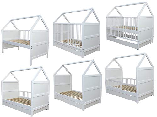 Babybett Kinderbett Juniorbett Bett Haus 140x70cm mit Schublade weiss 0 bis 6 Jahre