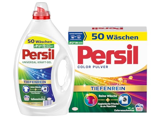 PERSIL-Set Pulver 1x 50 Waschladungen Color & Kraft-Gel 1x 50 Waschladungen Universal, Color- & Vollwaschmittel-Set für reine Wäsche und hygienische Frische für die Maschine