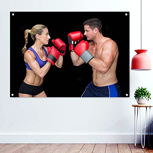 Tapisserie für Bodybuilding-Paar, Boxen, Kickboxen, Muay Thai, Kampfsport-Poster, Workout, Sport, Fitnessstudio, Flagge, 96 x 144 cm