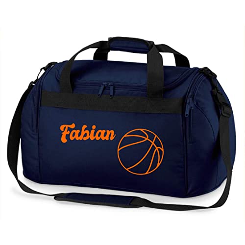 Sporttasche mit Namen Bedruckt für Kinder | Personalisierbar mit Motiv Basketball | Reisetasche Duffle Bag für Mädchen und Jungen Sport (dunkelblau)
