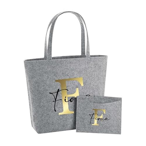 AWASG Filztasche Damen-Tasche mit kleinem Etui - Bedruckt und Personalisiert mit Buchstabe Monogramm Name - Shopper Geschenk für Sie (hellgrau)