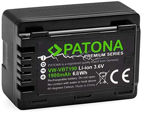 PATONA Premium Akku für Panasonic VW VBT190 E (echte 1900mAh) mit Infochip (Nicht für VXF11 VX11 V808) für HC VXF999 VX878 VX989 V160 V180 V270 V380 V777 W570 W580 WX979 usw.